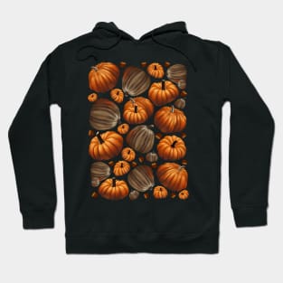 Autumn Pattern with chestnuts, pumpkinsin retro watercolor style, color autumn, orange, green, purple, yellow and Brown Hoodie